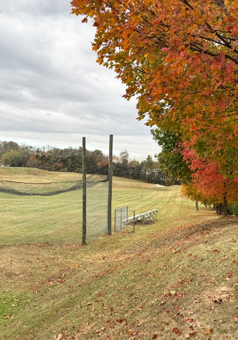 Large open field, with a net and bleachers at the front right corner, bordered by autumn trees