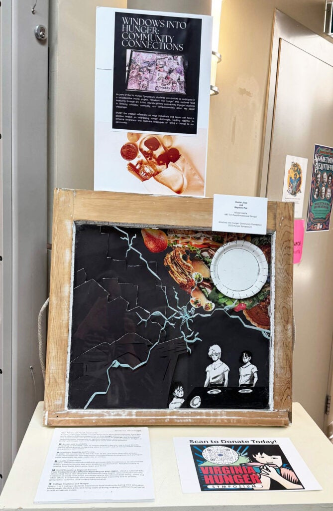 End display of "Windows to Hunger" with an art piece on easel and literature on table.
