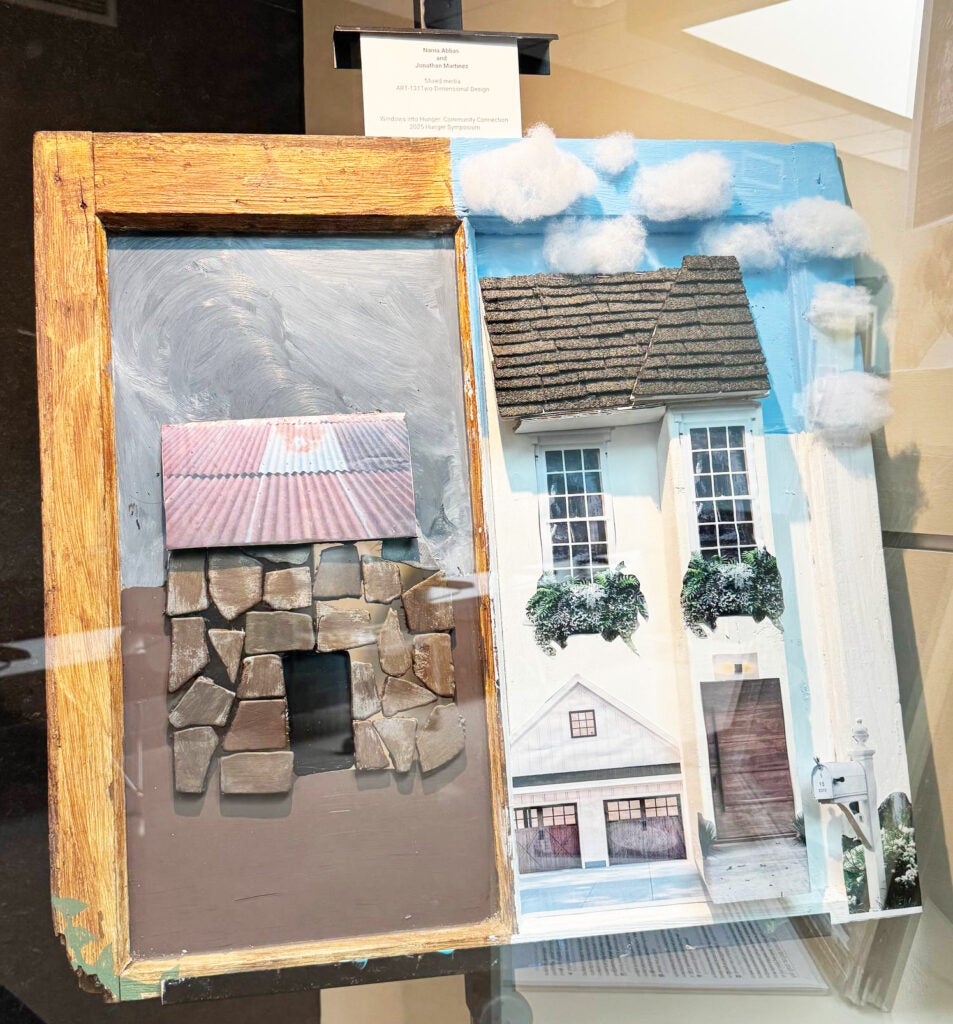 Art piece showing two houses; one simple stone and one expensive multistory house