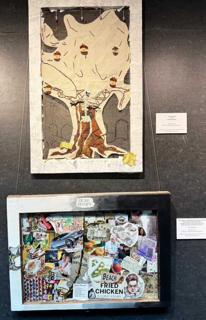 Two artworks; at top, an embroidered piece with a skeleton and tree. Beneath, collage image.