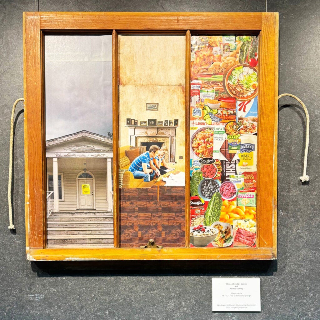 Artwork with three panes; a house front, people on a couch, and collage of food images