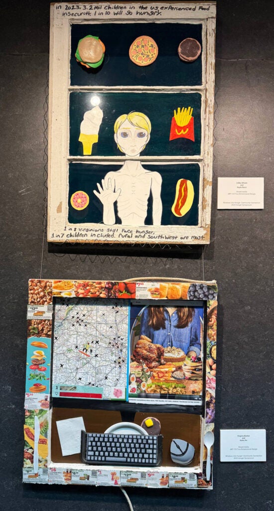 Two artworks, one with pic of food and a starving human, one with collage images