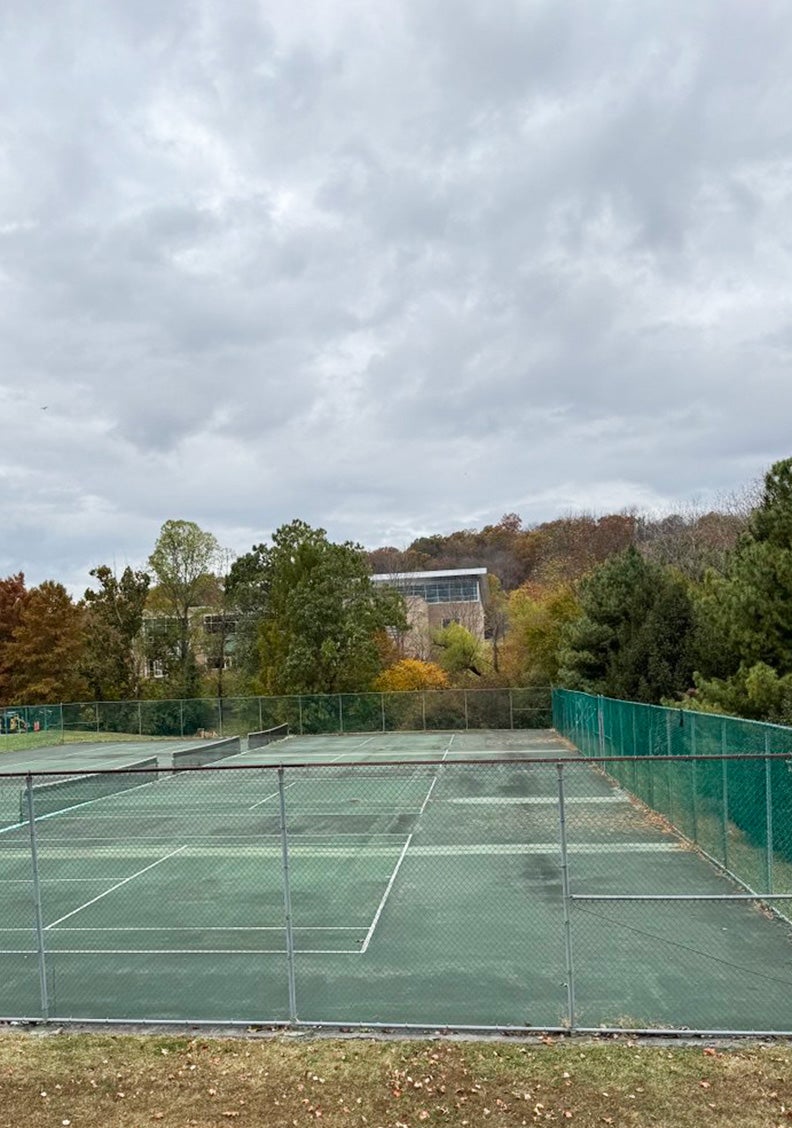 tennis courts , with trees and the rec center showing in the background