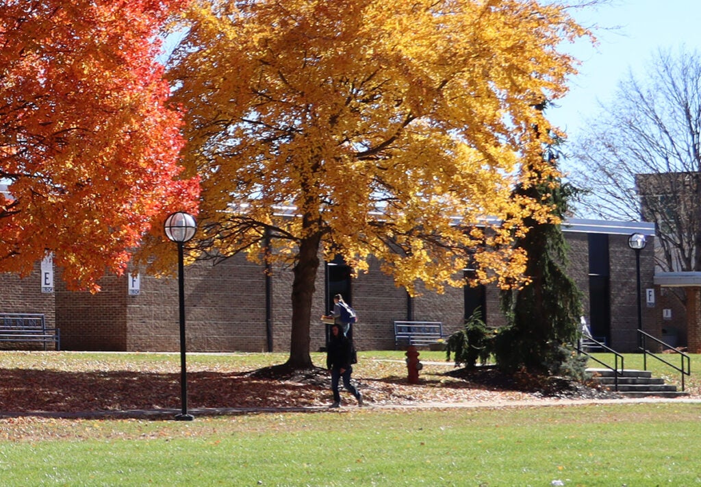 F Building as seen from the commons, with fall foliage