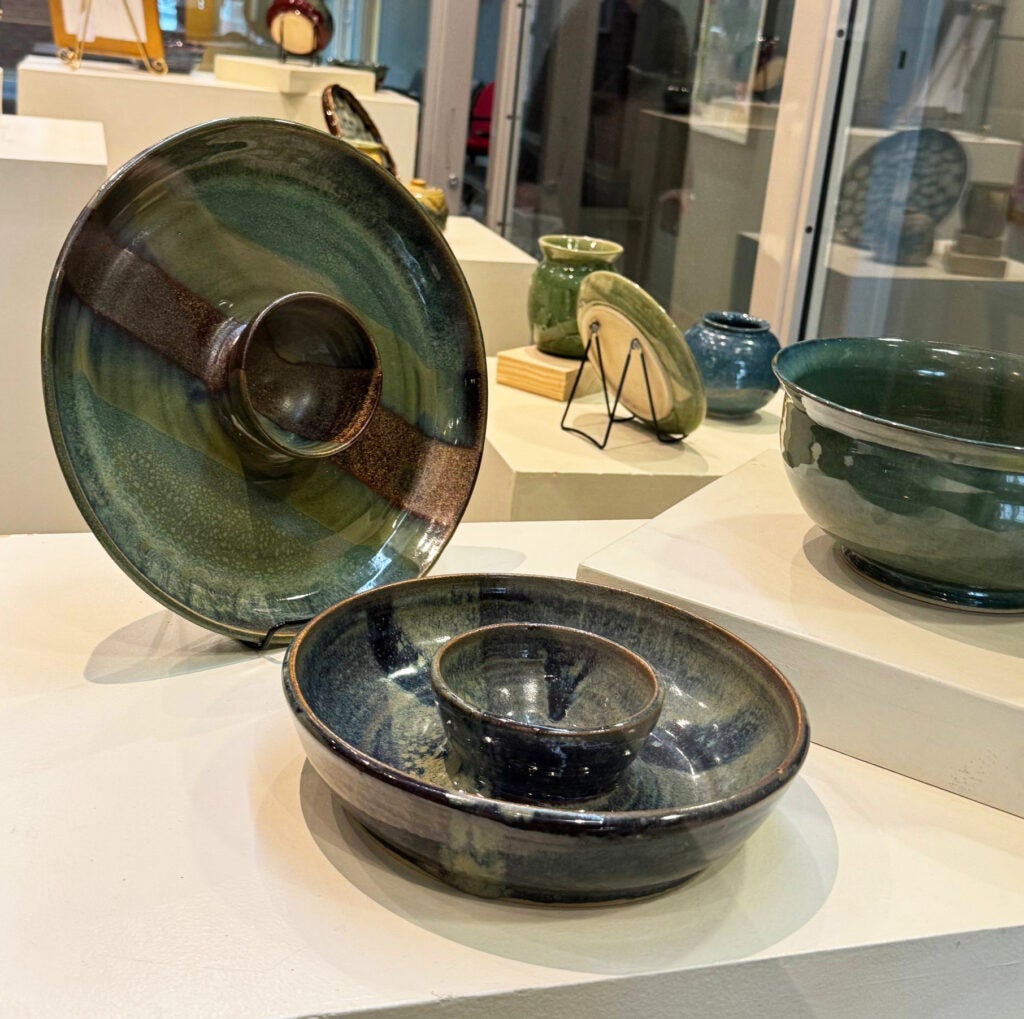 large striped chip-and-dip plate