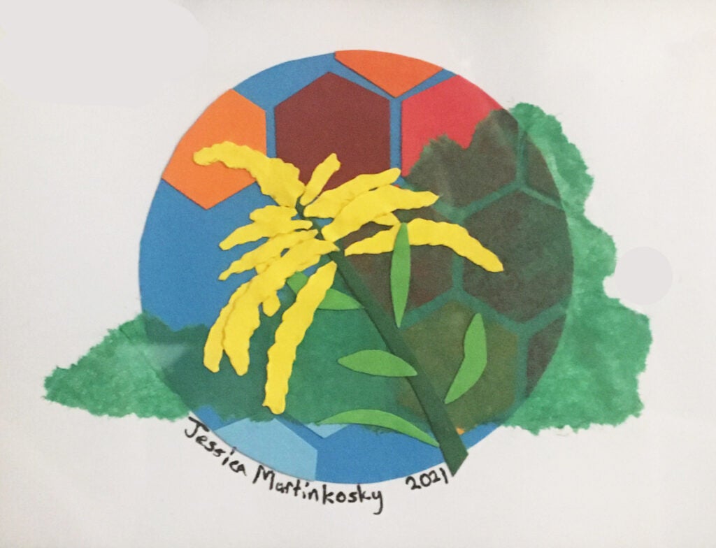 2d image incorporating hexagons, a tree branch, state of virginia, and a globe - entitled "Save the bees" 2021 by Jessica Martinkosky
