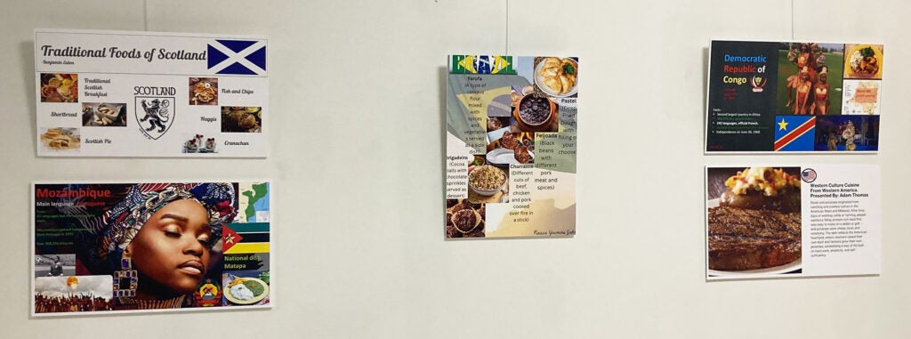 Images on the wall in Houff. The content in the images is mostly too small to see. The top left picture has text "Traditional Foods of Scotland". The image underneath has an African woman's face.