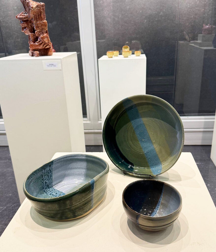 Bowls and baking dish with stripes of green, blue, and white
