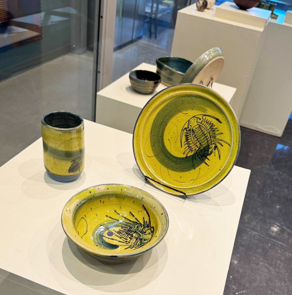 a greenish-yellow dining set of cup, bowl, and plate, with design of blue swirls and trilobites