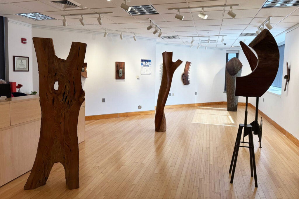 Gallery view from the doorway, featuring large standing sculptures and smaller wall-hung sculptures of wood and stone